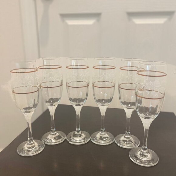 CICLE WARE SET OF 6 CHAMPAGNE FLUTES DUTCHES GOLD RIM FLORAL MADE IN TURKEY - Picture 5 of 16